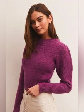 Z Supply Vesta Sweater Magenta Puff Sleeve Crewneck XS Romantic Boho Pullover